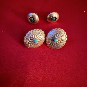 Two Pairs Of Sterling Silver Earrings with Turquoise Accents